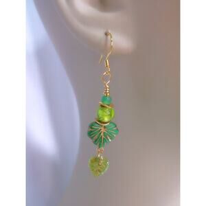 NEW Artisan Fall Green Earrings Dangle Autumn Czech Glass Golden Accent Elegant